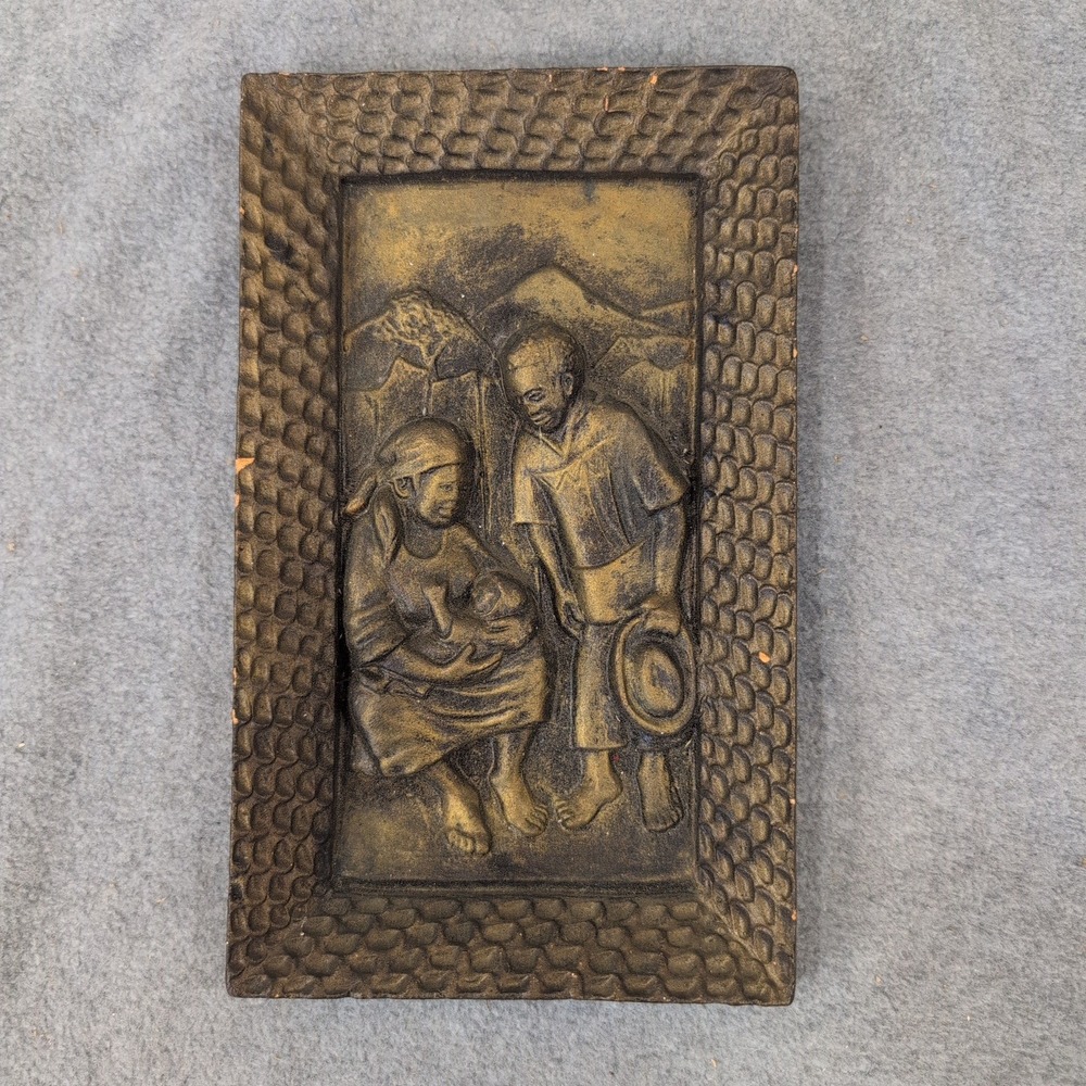 Vintage African Family Bas Relief Wall Plaque Bronze Finish Cast Resin Art